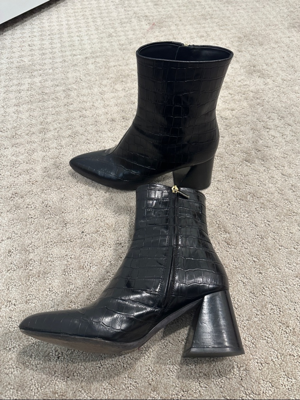 Women's Black Croc-Embossed Pointed Ankle Booties